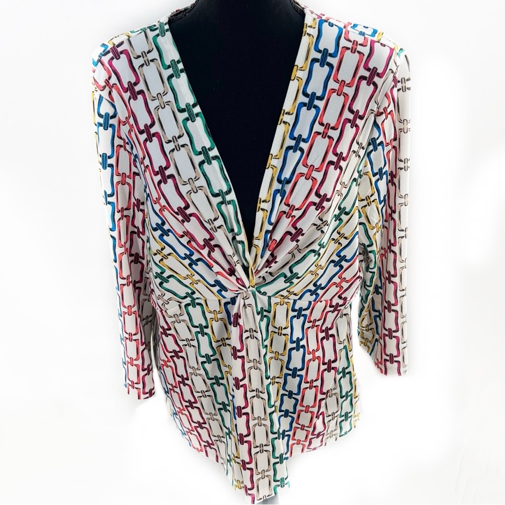 Studio by JPR Multicolor Chain Link Print Deep V-Neck 3/4 Sleeve Blouse Size XL - Picture 10 of 14